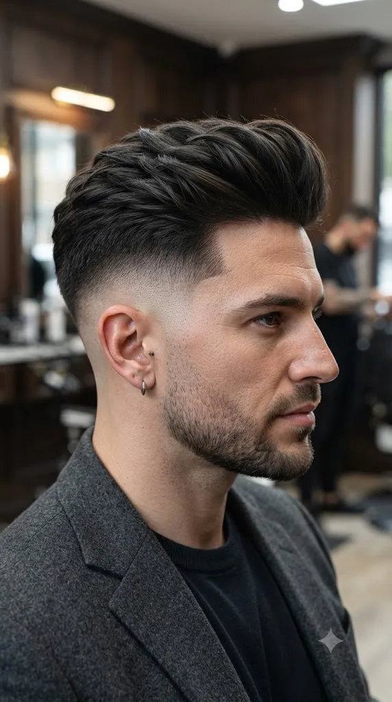 Mid-High Fade with a Voluminous Comb-Over