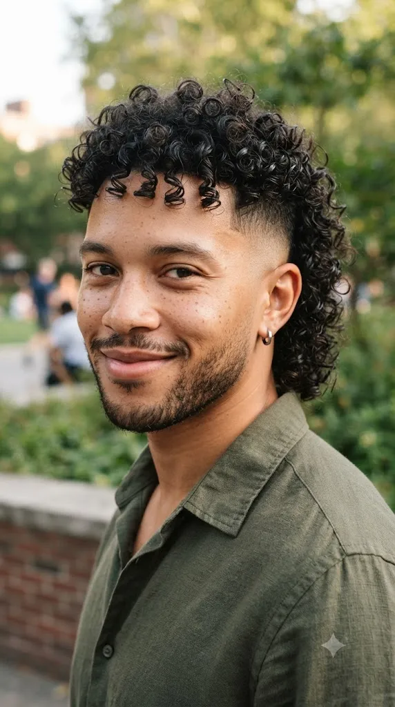 Curly Burst Fade Mullet